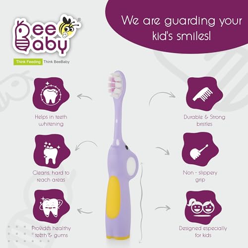 Image of BeeBaby Brush Buddy Baby Toothbrush for Kids 3-6 Years, Ultra Soft Tapered Bristles Toddler Toothbrush for Milk & Permanent Teeth, BPA Free Easy Grip Toothbrush for Sensitive Gums - Violet Elephant