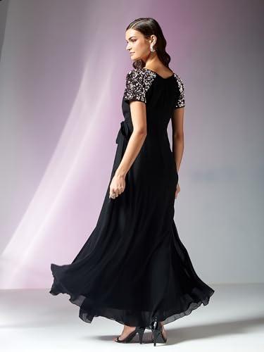 Image of Miss Chase Women's Round Neck Sleeve Embellished Fit Flare Maxi Dress