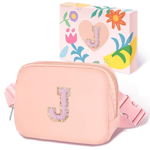 Image of COSHAYSOO Valentines Birthday Initial Gifts for Teen Girls 5 6 7 8 9 10 11 12 13 14 Year Old Pink Fanny Pack for Girls Belt Bag Crossbody Travel Purse Unique Trendy Girly Stuff Chenille Letter J