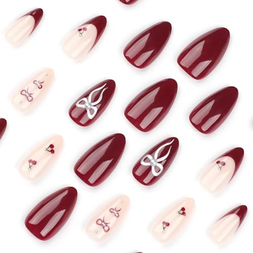 Image of Red French Tip Press on Nails Cherry Fake Nails Short Almond False Nails with Pearl Design Bow Glue on Nail Glossy Artificial Acrylic Full Cover Nude Stick on Nail for Women Manicure 24Pcs