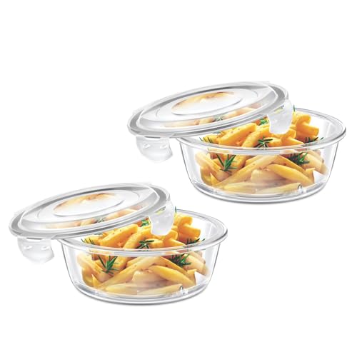 Image of Signoraware Safe Store Glass Round Containers | Airtight & Leakproof | Microwave Safe | Ideal for Reheating, Baking or Serving | Best for Office Lunch & Outdoor Activities (400mlx2 | Setof2 | Clear)