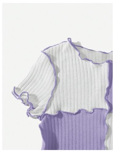 Image of Milumia Girl's Rib Knit Color Block Crop Tee Short Sleeve Lettuce Trim Crewneck Tshirt