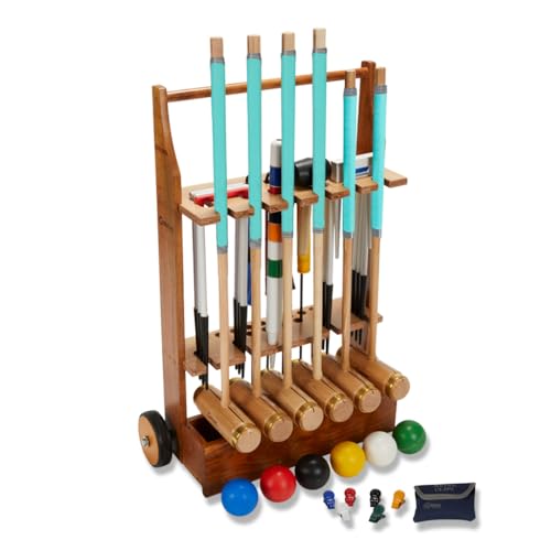 6 Pers. Executive Krocket Set- Wettkampset 16mm Dicke Stahltore aus ECO-hartholz mit Kunststoffbällen und Rollwagen Trolley