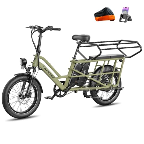 Fafrees Longtail E-Bike 20 * 3.0 Zoll, E-Lastenrad 250W 25km/h, ebike Damen 12Ah*2 Akku, E-Fahrrad 75N.m Reichweite 100-140km, Tragkraft 200kg (Vorderkorb + Kindersitz, Grün)