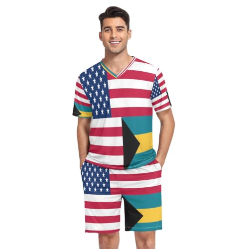 Camisa de pijama para hombre manga corta transpirable con banderas de Bahamas y Estados Unidos