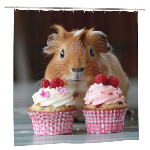 DUWAA Duschvorhang mit Meerschweinchen & Cupcakes, waschbar, 183 x 183 cm, wasserdichter Stoff-Duschvorhang