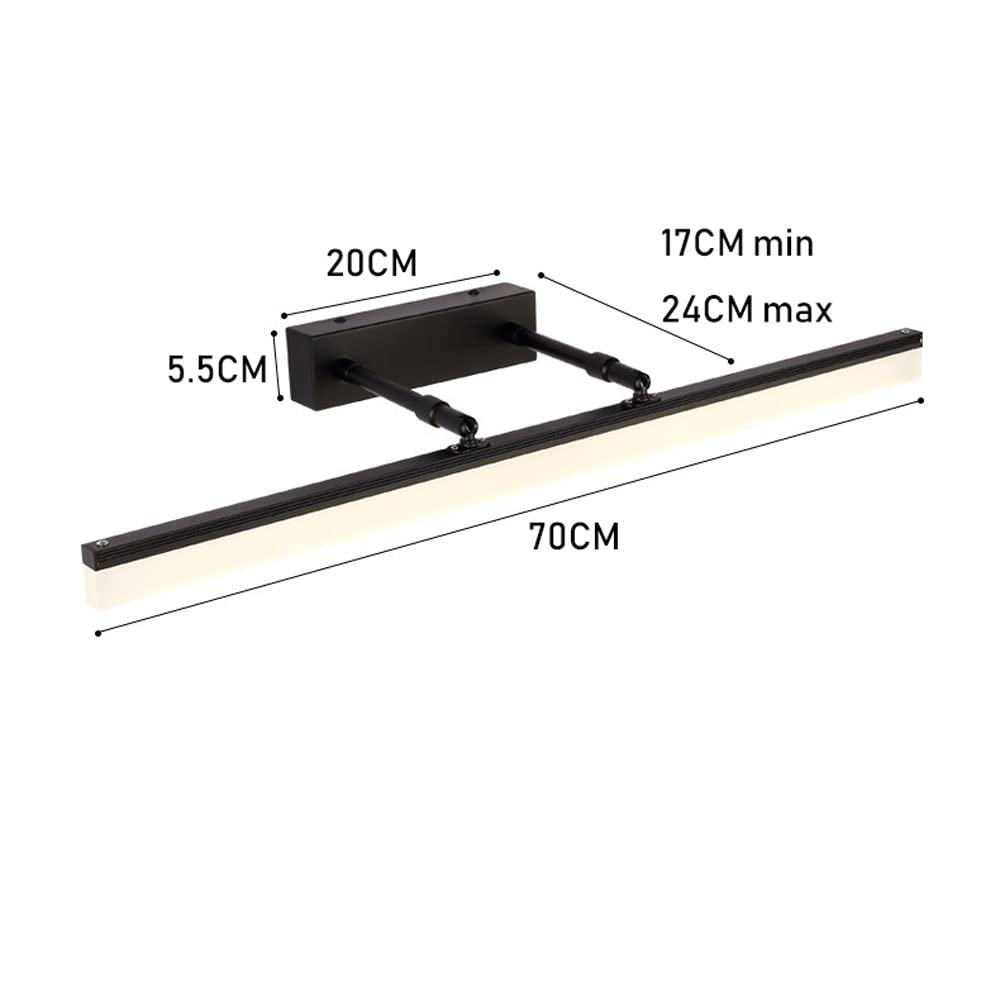 Regulowana lampa ścienna LED IP44 do lustra łazienkowego, 70 cm, 16 W, 3000 K, oświetlenie wewnętrzne do wyświetlania zdjęć, do czytania nocnego, czarne kinkiety ścienne szczotkowane