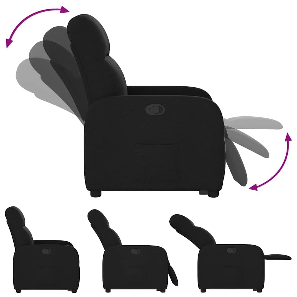 Sillón elevador eléctrico reclinable de tela negra con elevación automática y respaldo manual, cómodo asiento acolchado y marco estable, ideal para personas mayores