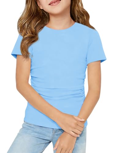 Haloumoning Girls Short Sleeve T Shirts Kids Ruched Side Slim Fit Tops Casual Crewneck Tees 5-14 Years Light Blue