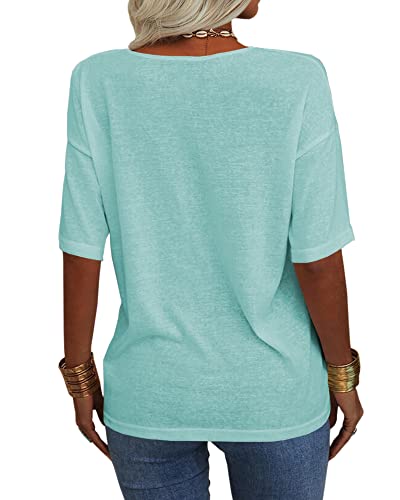 Danedvi Women Fashion V-Neck Half Sleeves T Shirt Solid Casual Loose Basic Tops Mint #TOP3