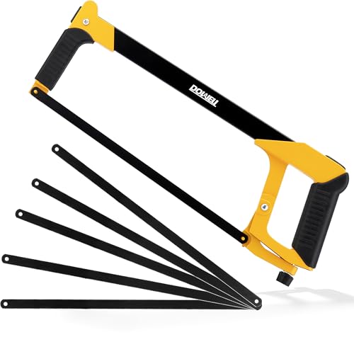 DOWELL Hand Saw 12-inch Hacksaw Frame Heavy Duty Adjustable 45/90 Angle Hacksaw with 5 Replaceable Saw Blades Inside the Frame for Steel Pipe Cutting PVC Carpentry Woodworking HY041101