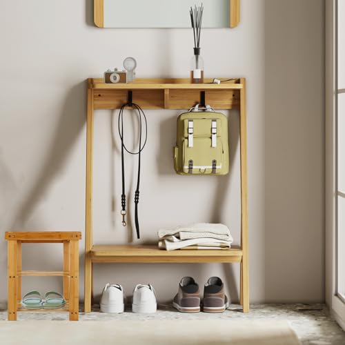 ASelected 16 Inch Bamboo Shower Stool Wood Shower Bench 3-Tier Waterproof Wooden Bamboo Foot Stool Seat Stool with Storage Shelf, Small Bench for Adults Bathroom Living Room