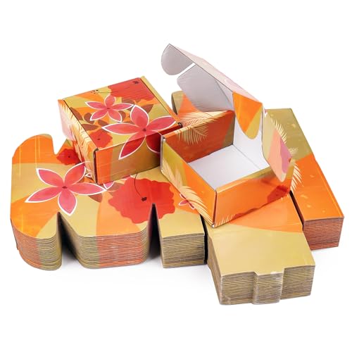 25 Pack Hawaiian Small Shipping Boxes, 4x4x2 inches Colorful Dolphins Palm Trees Flowers Floral Cardboard Boxes For Packaging Small Business