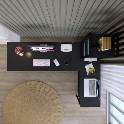 Image of Klaxon L Shaped Study Table for Students and Adults, Corner Computer Desk with Tower Shelf, Home Office and Gaming, Wood and Metal Frame, 162.5 x 112.5 cm, Full Black, DIY (English Black WOI)