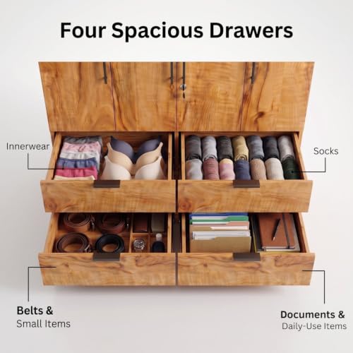 Image of FFO Kaveris 4 Door Wooden Wardrobe for Bedroom, Large Clothes Storage Cabinet with Hanging Space, Shelves, Drawer & Lock, Modern Wood Finish Almirah for Home, Bedroom & Living Room DIY.