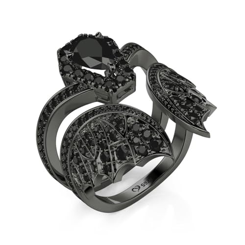Image of Jeulia Unique Gothic Design 925 Sterling Silver Pear Cut Bat Coffin Promise Engagement Wedding Ring Set with Diamond Wings Bridal Jewelry Gift Box
