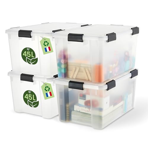 Iris Ohyama Luftdichte Kunststoff-Aufbewahrungsboxen mit Deckel 45L 4er-Set Transparent Hermetischer wasserdichter Verschluss Robuste Schnappverschlüsse Stapelbar Staubschutz BPA-frei WSB-45