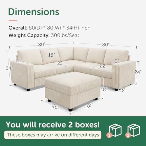 HONBAY Corduroy Sectional Couch with Storage L-Shaped Sectional Couches for Living Room 6 Seater Sectional Sofa, Beige - Image 3