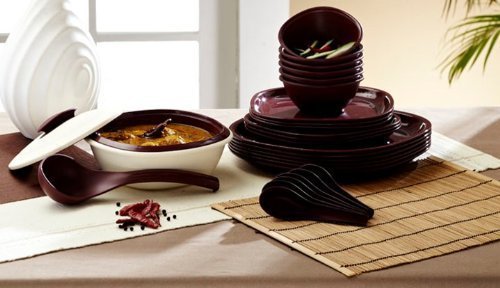 Signoraware Plastic Double Wall Square Dinner Set, Maroon, 27-Pieces - Image 2 thumbnail