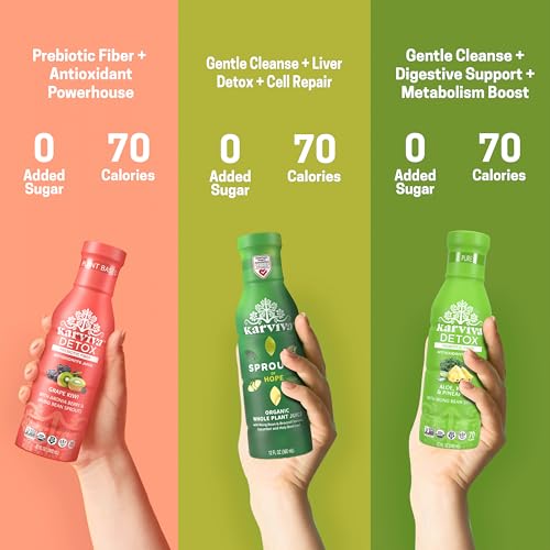 Karviva Organic Juice Cleanse for Sugar Detox & Weight Control - Ancient Eastern Remedies for Healthy Digestion & Gentle Detox with Sprouts, Aloe Vera - Prebiotic Fiber, Electrolytes & Antioxidants (6 BPA-Free Bottles, 12 fl oz Each)