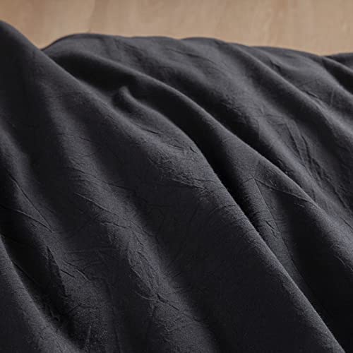 Image of BESTOUCH Cotton Solid Duvet Cover Set Linen Feel Deep Black Queen | 100% Washed Cotton, Soft Wrinkle Texture, Hidden Zipper, 8 Ties, Breathable Lightweight Durable Comfy, 3 Pcs No Insert