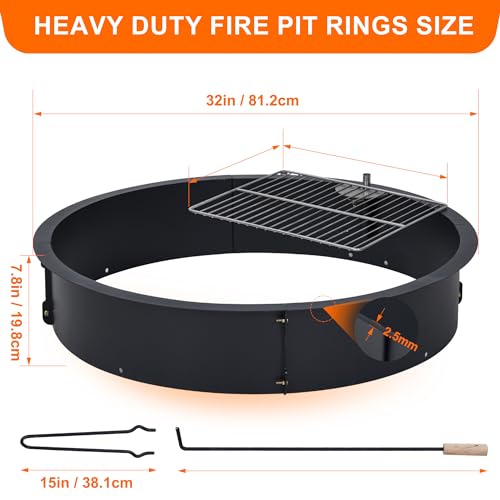 Fire Pit Ring with Grill Grate, 32" x 32" x 7.8" Firepit Cooking Ring 2.5MM Steel Heat-Resistant Large Fire Pit Insert Round, Above or In-Ground Fire Pit, for Camping Garden Backyard