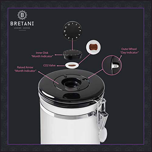 Bretani 24 Oz Stainless Steel Coffee Canister & Scoop Set, White - Large Airtight Kitchen Storage Container For Storing Coffee Beans & Grounds #TOP3
