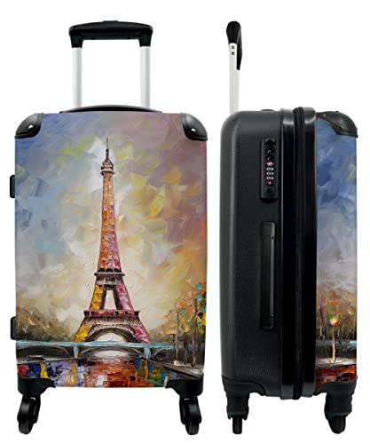 NoBoringSuitcases.com® Koffer groß Trolley Rollkoffer Reisekoffer mit 4 Rollen Fotokoffer - Eiffelturm - Ölgemälde - Paris - 67x43x25cm - 90 Liter