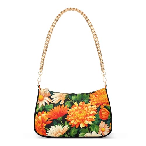Orange Chrysanthemums Daisies Classic Purse Hobo Totes Women Tote Handbag Everyday Lady One Shoulder Bag Zipper Closure