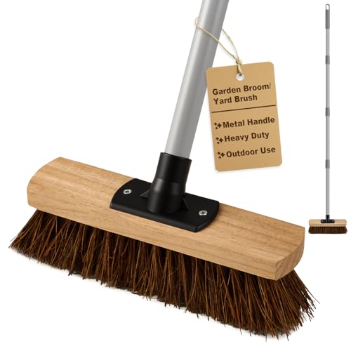 Mitclear 25cm Balai de Jardin avec Manche Long(140cm), Brosse Extérieur avec Fibre de Arenga Naturel, Balai Industriel Réglable pour Le Nettoyage des Routes, Sols,...