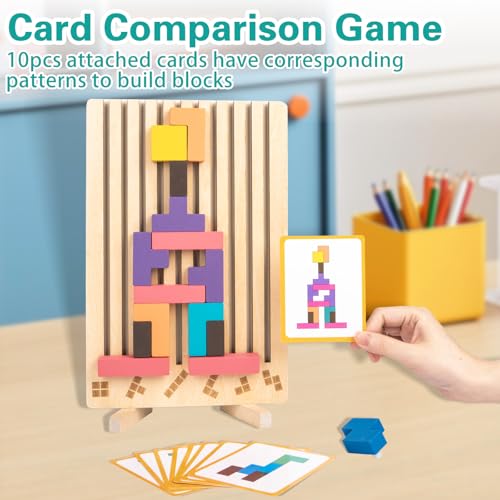 VORHOT Tetris Holzspiel, Holz Tetris Montessori Spielzeug ab 3 4 5 Jahre, Holzpuzzle Stapelsteine Kinder Lernspielzeug Holzspielzeug, Gehirn Spielzeug mit 10 Karten, Geschenk für Jungen Mädchen