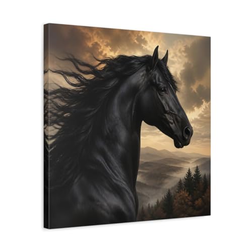 Tableau cheval noir et or salon déco carrée 50x50 cm au-dessus canapé