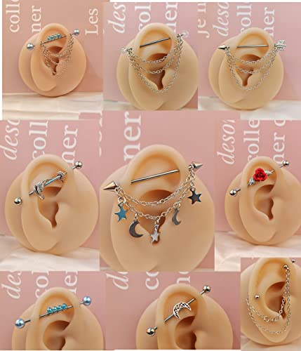 9-16Pcs 14G Industrial Piercing Surgical Stainless Steel Industrial Earrings Barbell With Chain Dangle For Women Men Cartilage Industrial Bar Body Piercing Jewelry 1 1/2 Inch 38Mm (Chain Set) #TOP1