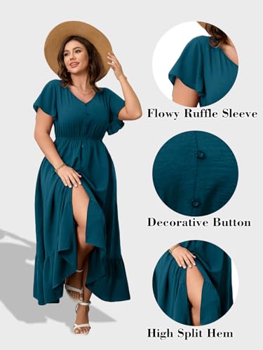 Image of RWJ Women Plus Size Maxi Dress V Neck Short Sleeve Button Trim Split Flowy Tiered Casual Long Dresses 2025 L-3XL