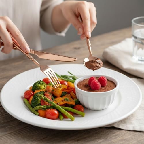 Image of 5 Pcs Rosegold Cutlery Set for Dining Table the Perfect Lightweight Silim Handle Tableware Including Dinner Spoon, Dinner Fork, Dinner Knife, Dessert Spoon & Dessert Fork