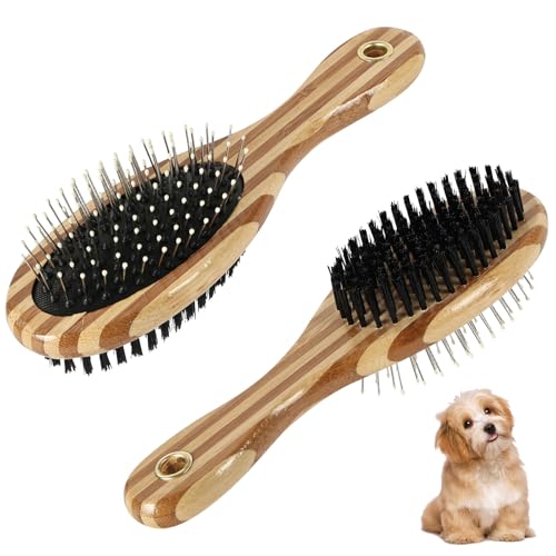 Aomig Hundebürste für Pet Hunde Katze 2 in 1 Doppelbürste Katzenbürste für Langhaar Kurzhaar Weiche Bürste mit Langem Griff Hundekamm Fellpflege aus...