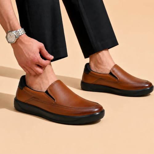 Image of Ergon Denver Genuine Leather Men's Formal Slip-On Shoes | Available in Black, Tan & Tan Napa | Cushioned Comfort | Office, Business Sizes UK 6-11