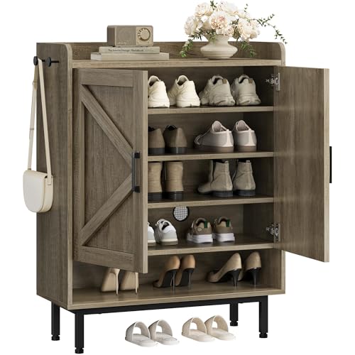 Yaheetech Shoe Storage Cabinet with Barn-Inspired Doors, Farmhouse Shoe Organizer with Adjustable Shelves & Side Hooks, Compact Shoe Rack for Entryway, Foyer, Hallway Gray