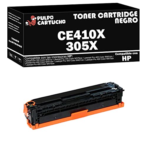 Pulpo Cartucho   Toner CE410X Negro Compatible con HP CE410X / Ref. 305X   Valido para Impresoras Laserjet Pro 300 Color M351a / M375nw / M451dn / M451dw / M451nw / M475dn / M475dw