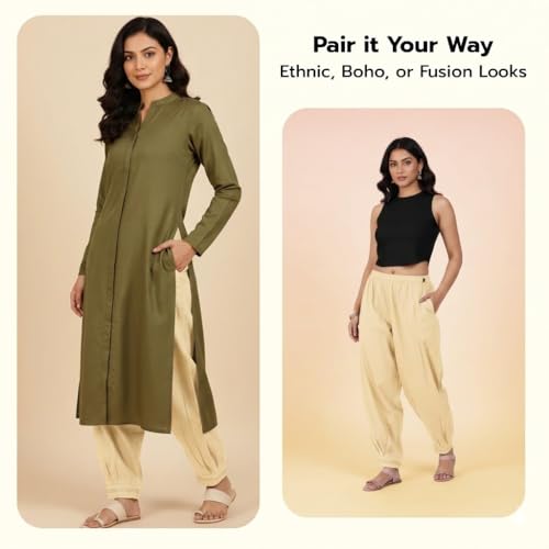 Image of Happy Bunny Women's Cotton Afghani Salwar with Lace Embroidery Detailing - Elastic Waist, Comfortable Loose Fit Bottoms for Casual, Ethnic