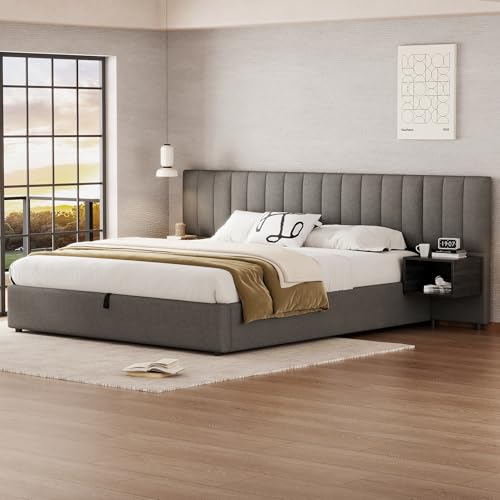 Cama tapizada de 180 x 200 cm con dos mesitas de noche con espacio de almacenamiento, ideal para adultos y adolescentes, somier de láminas de madera, fácil montaje, lino, gris + negro