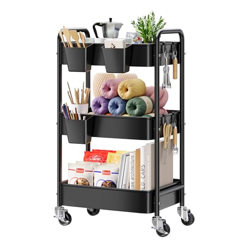 3 Tier Rolling Cart Metal with Wheels, Black Three Tiered Art Cart Organizer on Wheels, Storage...