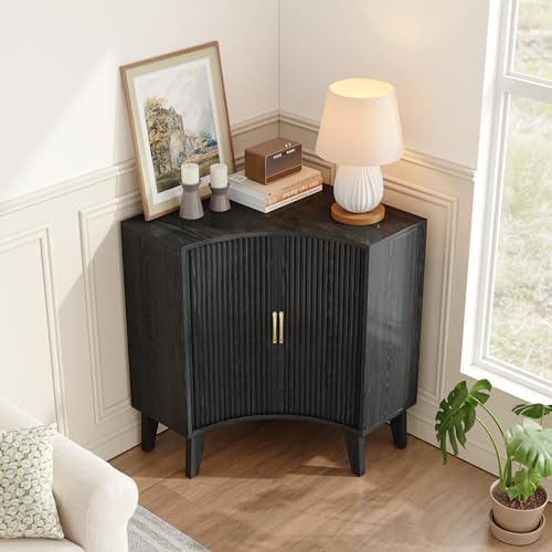 Image of Fluted Corner Cabinet, Small Corner Floor Cabinet with 2-Sliding Doors and Adjustable Shelves, Freestanding Narrow Organizer for Small Space,Living Room, Dining RoomBathroom.Black