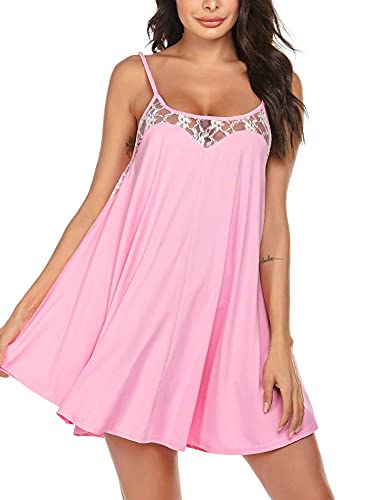 Ekouaer Nighties for Women Sexy Lingerie Sleeveless Lace Cami Satin Sleepwear Pastel Pink
