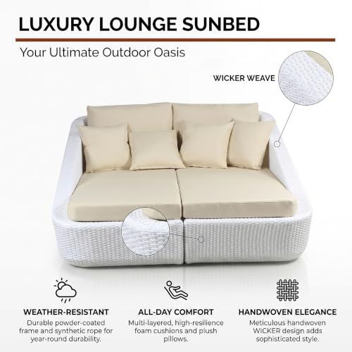 Image of BRISHI Outdoor /Pool Side /Garden /Balcony /Porch /Backyard /Terrace /Patio /Beach /Rectangular Sofa Sunbed Wicker and Rattan Daybed (White /Cream)