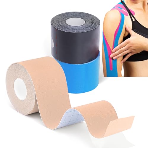 Grunda-Tape Kinesiologico 3 Rotolo,Tape Sportivo 5m x 5cm Kinesio Taping Taping Kinesiologico Impermeabile ed Elastico Nastro Kinesiologico, cerotto kinesiologico Nero+Blu+Beige