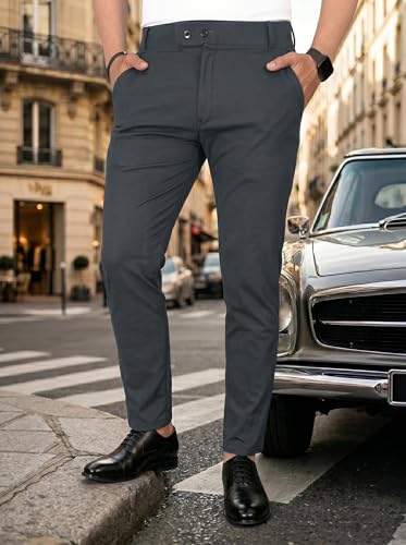 Image of erke Men's Slim Fit Formal Trouser with 4-Way Stretch | Lycra Blend Wrinkle Resistant Office Chinos for Men | Mid Rise Tapered Trousers for Men