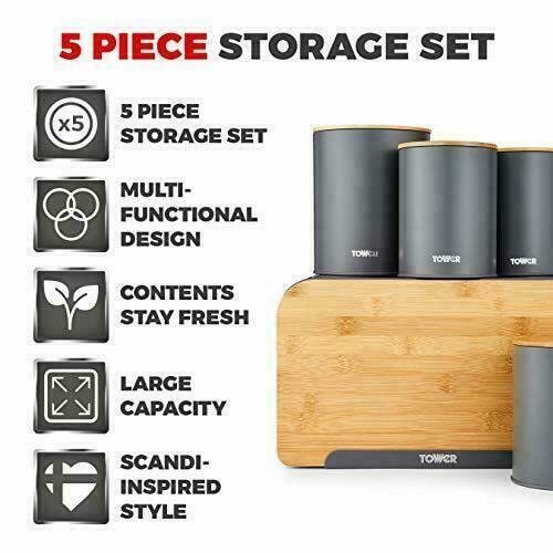 Tower Scandi 5 Piece Bamboo Storage Set with Bread Bin, Biscuit
