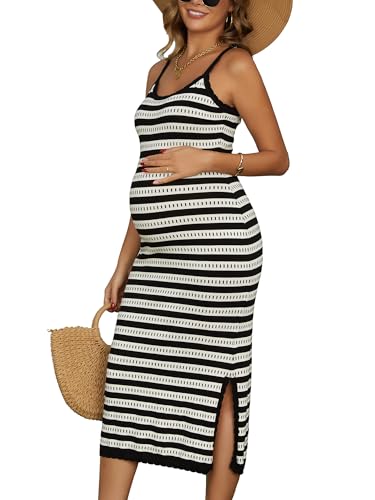 MARI GABRIEL Womens Maternity Dress Bodycon Striped Long Midi Sleeveless Cami Knit Casual Fitted Pregnancy Dresses X-Large Black