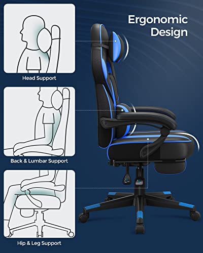 Sedia da Gaming Ergonomica, Sedia Ufficio Ergonomica, Schienale Alto,  Poggiapiedi Telescopico, Schienale Regolabile, Poggiatesta e Supporto  Lombare, Portata 150 kg, Nero e Blu OBG073B04 | PC Gaming ON
